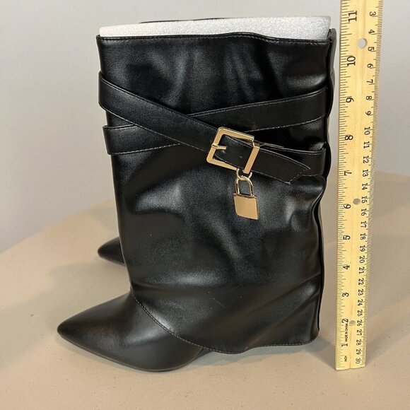 Yoki Black Wedge Mid Calf Boots Gold Lock Charm Size 6 - Picture 13 of 15